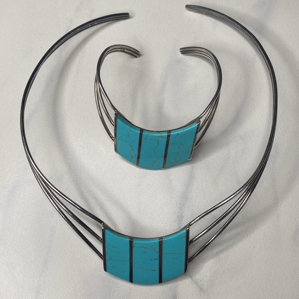 Vintage turquoise sterling silver necklace‎ & bracelet set 925